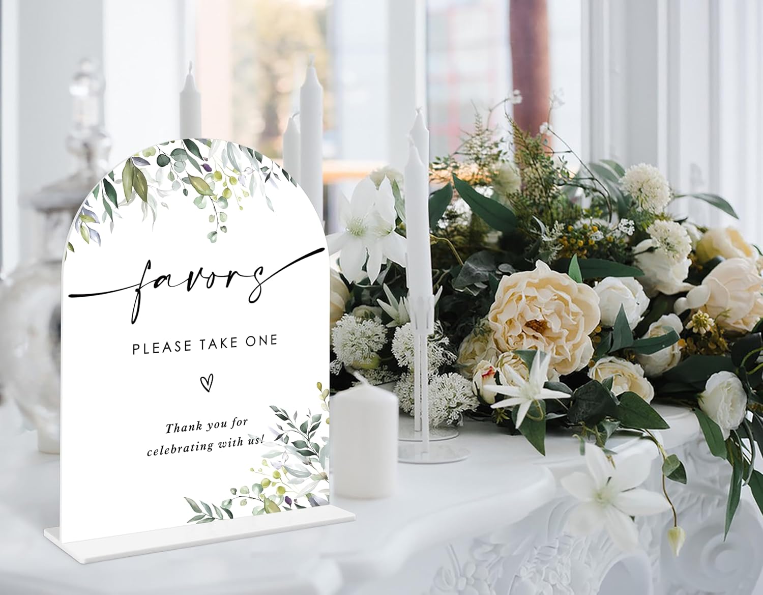 Greenery Favors Sign 6x8 Inch White Arch Acrylic Wedding Sign with Holder