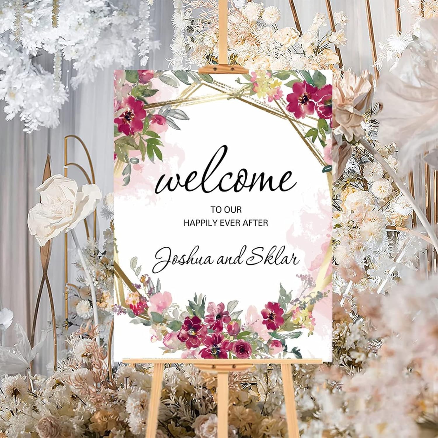 Custom Pink Floral Wedding Welcome Sign 12x16 Inch