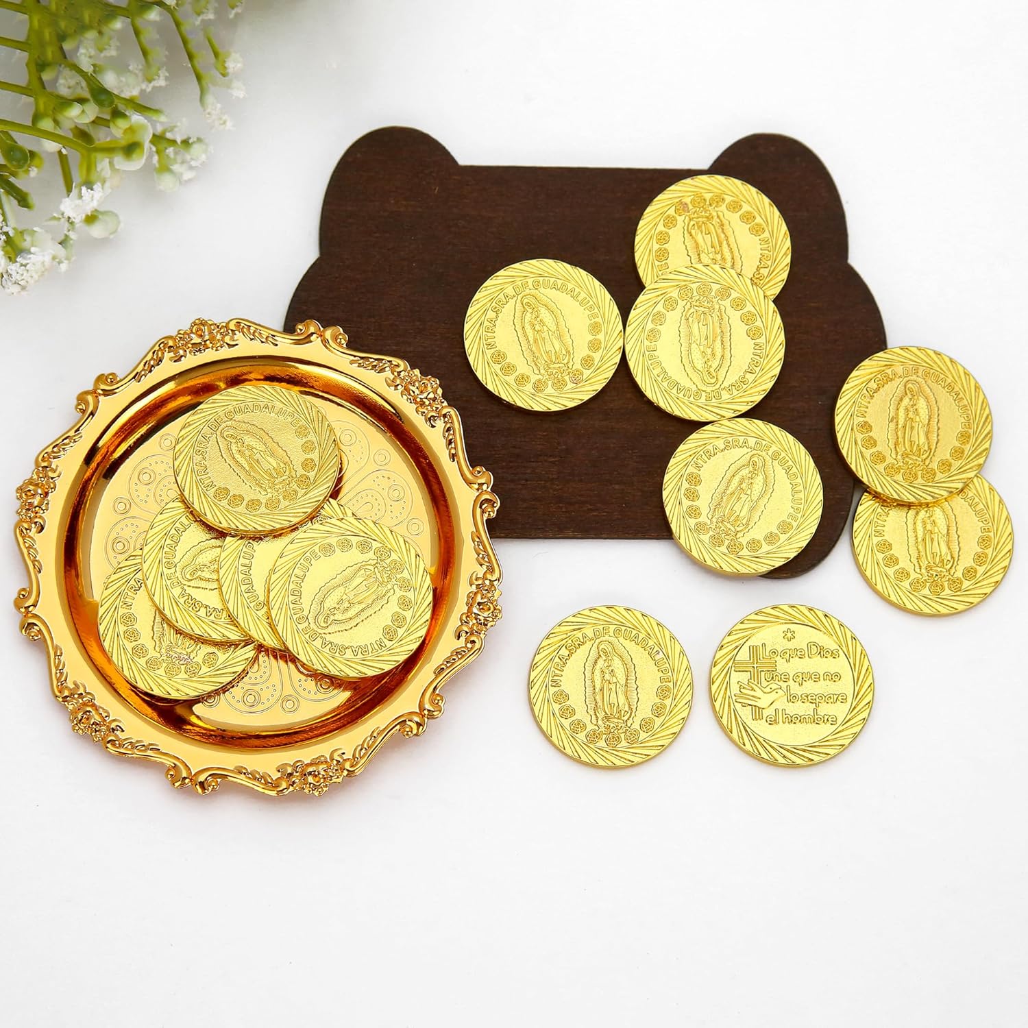 Catholic Wedding Arras Set with Gold Coins and Decorative Tray