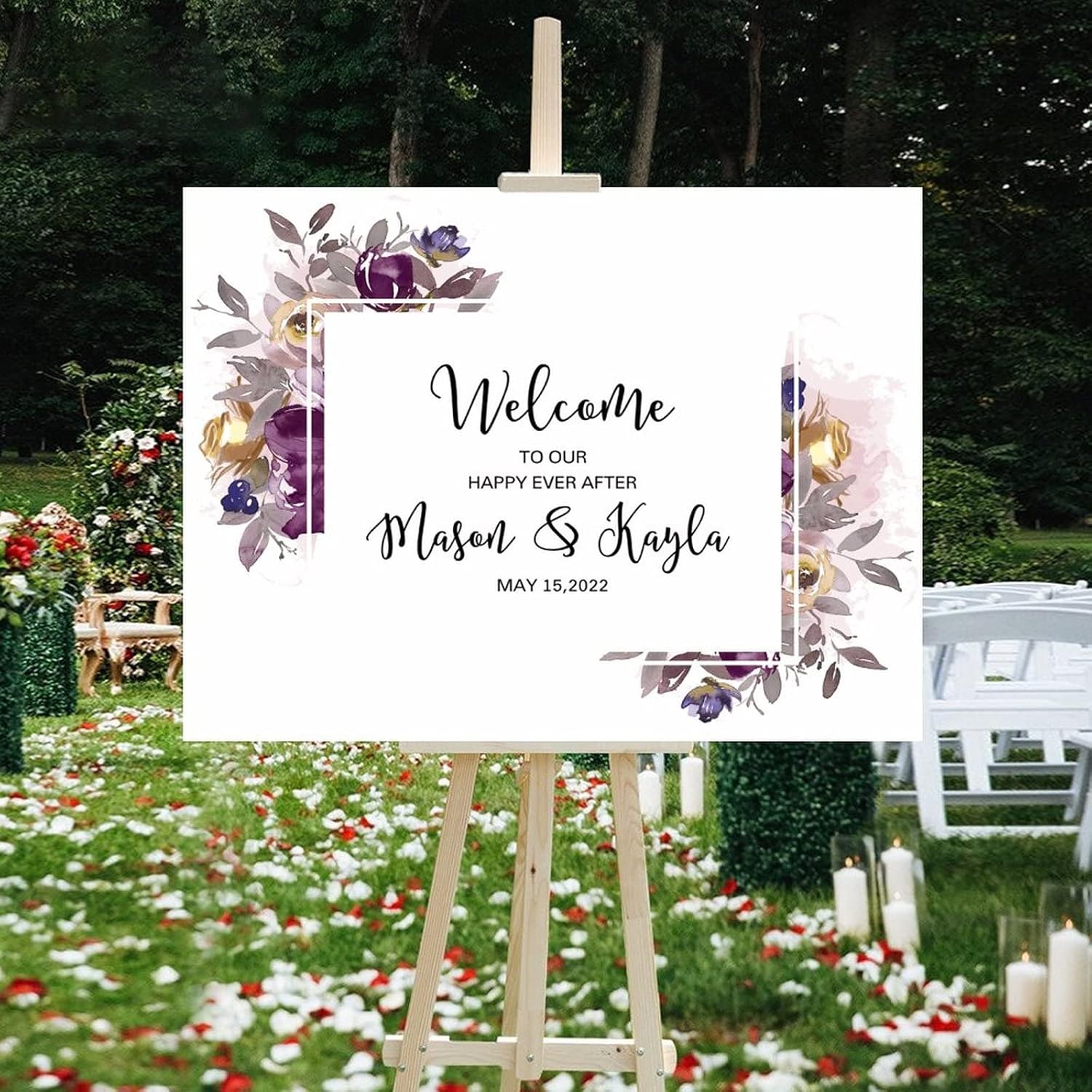 Alioyoit Purple Floral Wreath Wood Wedding Sign