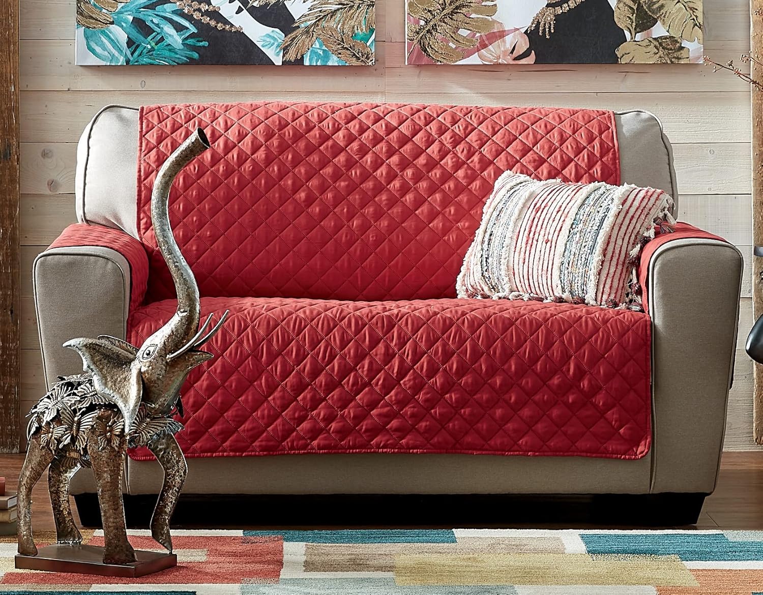 Montgomery Ward Reversible Loveseat Cover Red Gray Mist 126x83