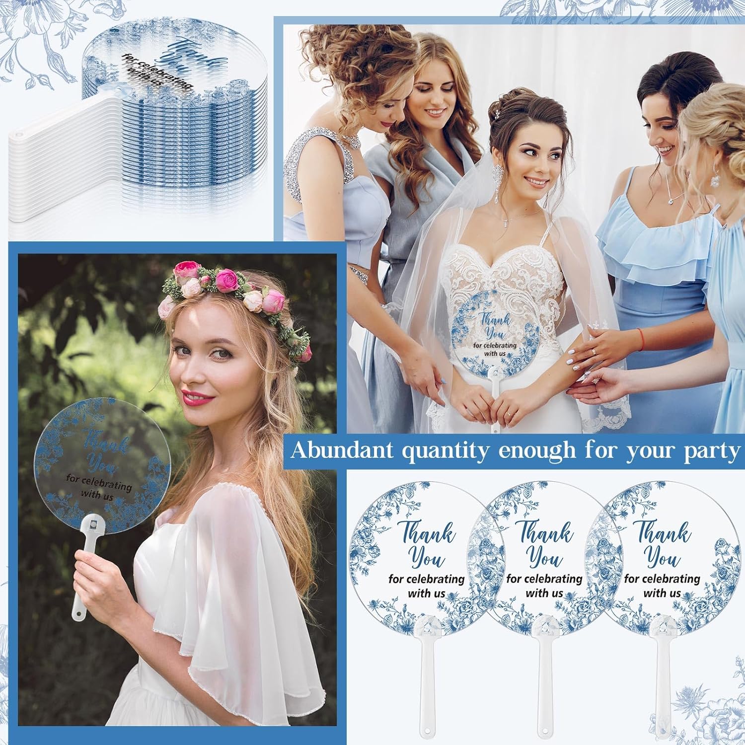 Geelin 50 Pcs Blue Flower Wedding Fans for Guests and Bridesmaids