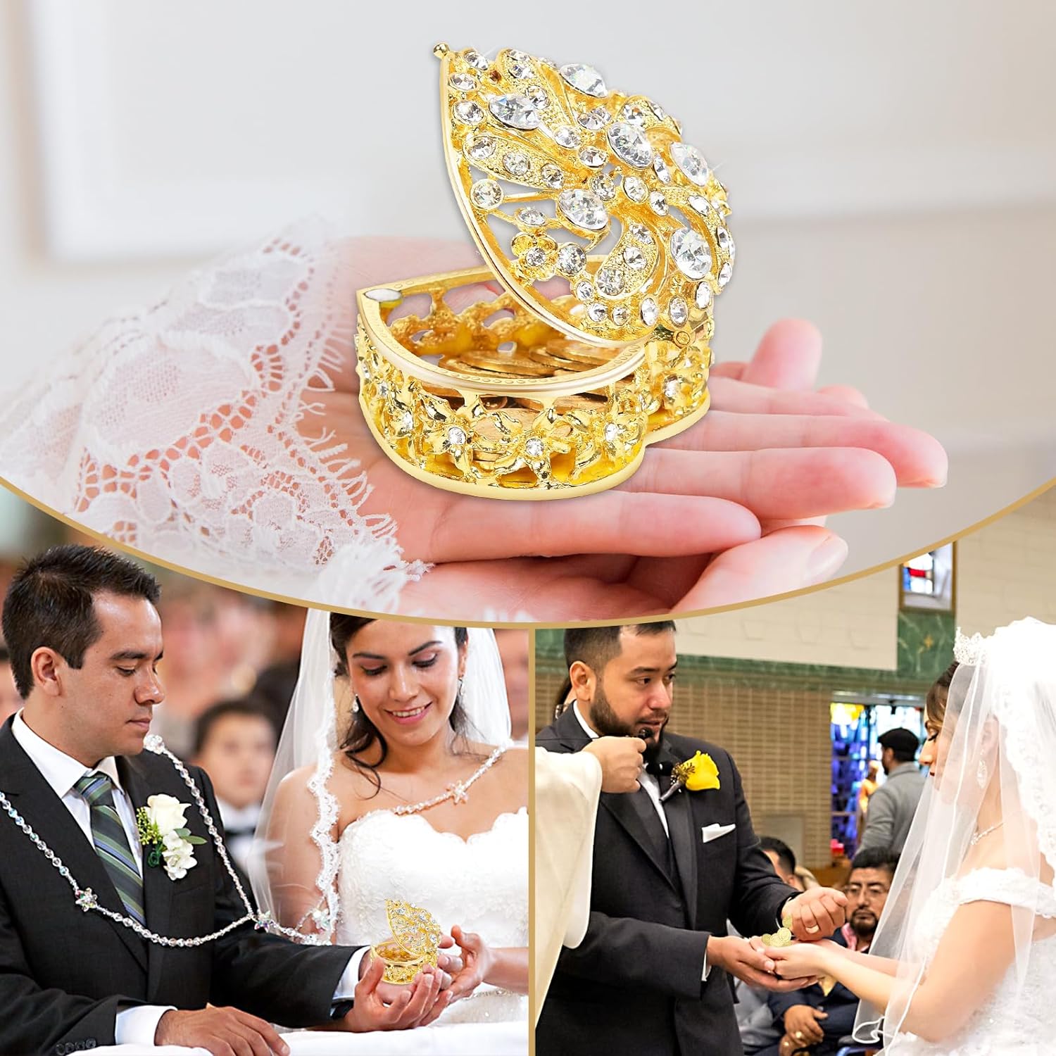 Wedding Arras Coins Set - Gold Heart Box with 13 Virgen of Guadalupe Coins