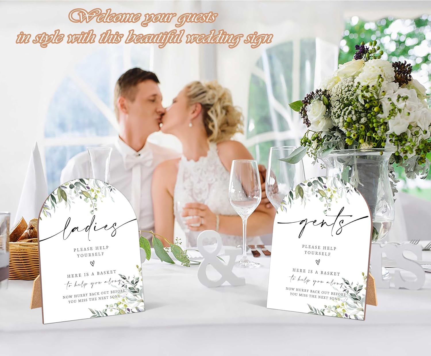 2 Pack Greenery Bathroom Basket Wedding Signs for Ladies Gents