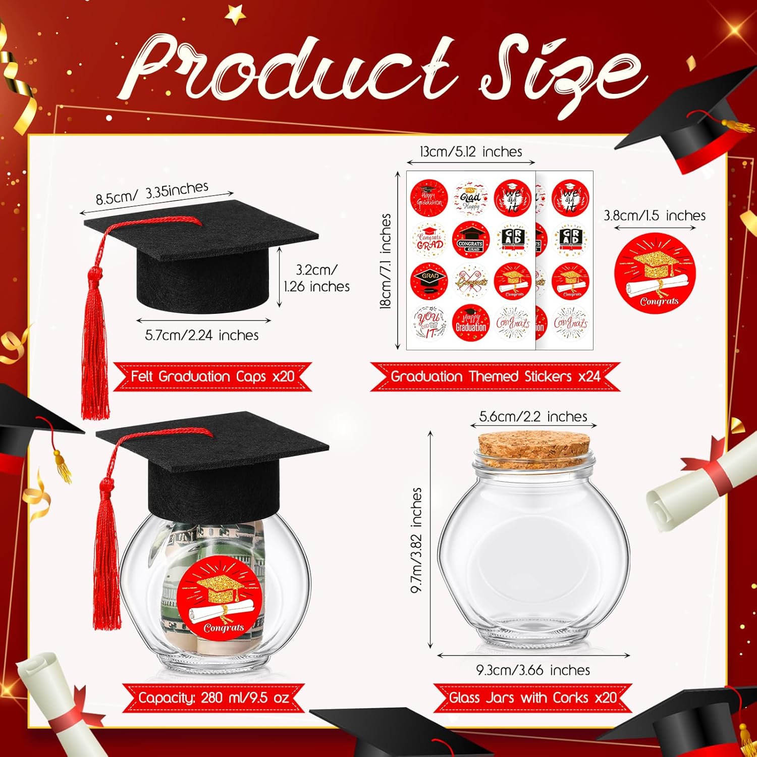 20 Sets Glass Graduation Cap Candy Jars for Class of 2025