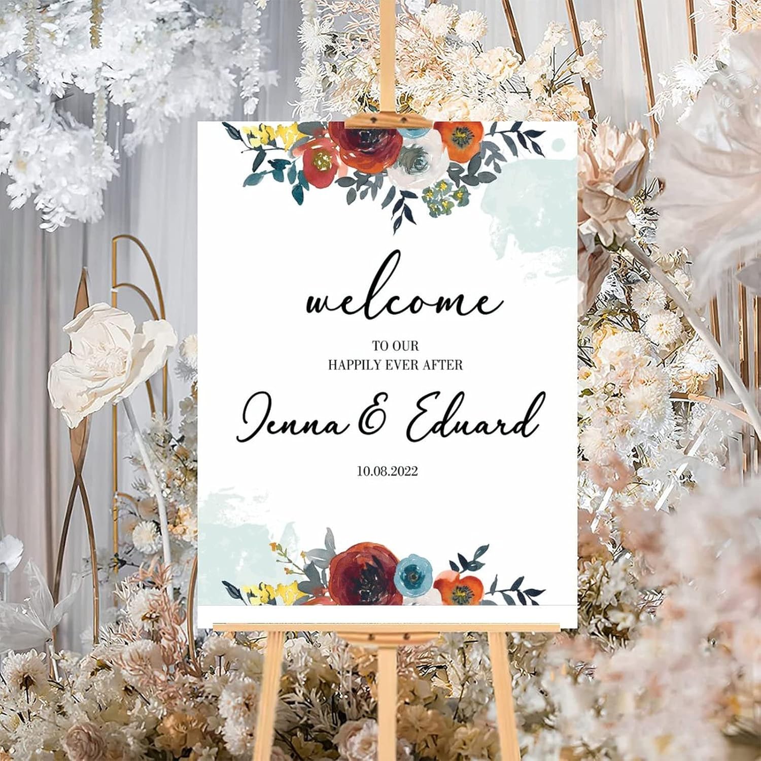 Customizable Red Floral Wedding Welcome Sign 12x16 Inch