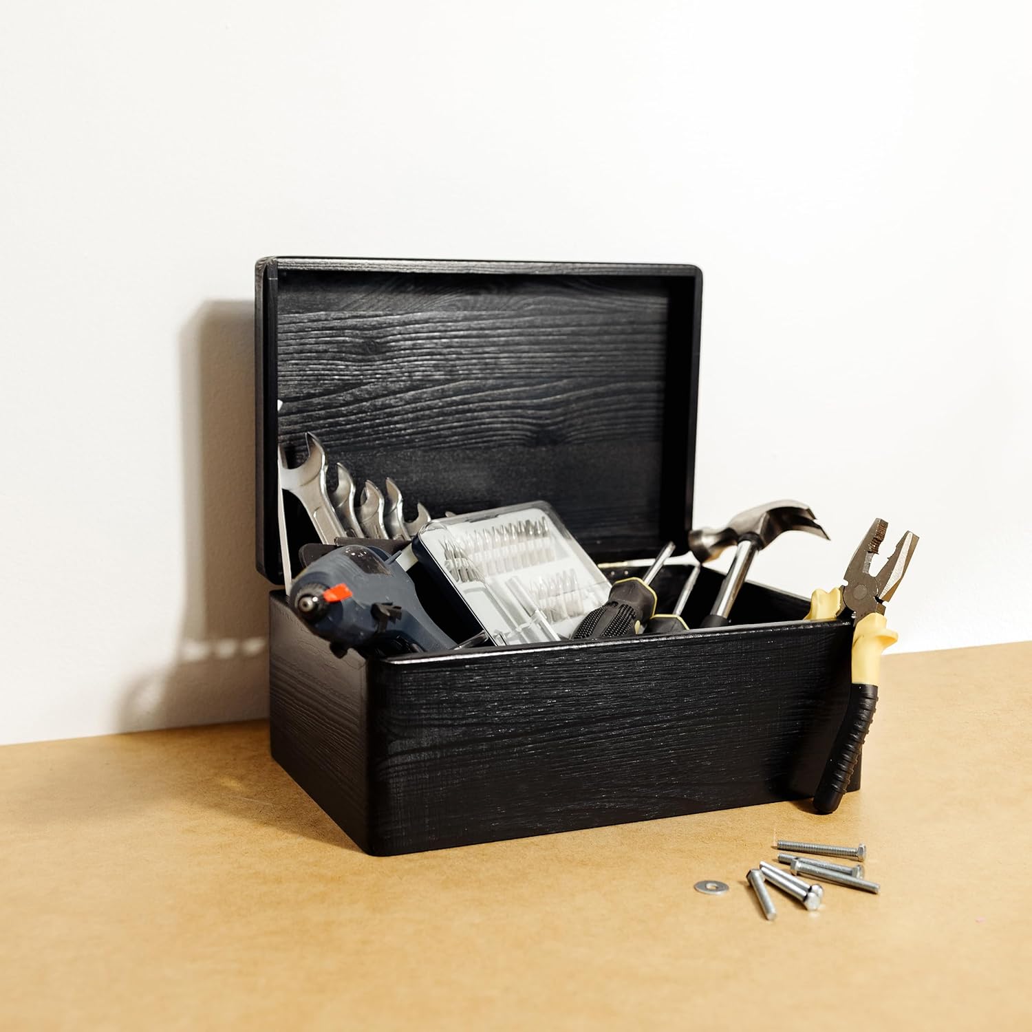 Large Black Wooden Storage Box with Hinged Lid