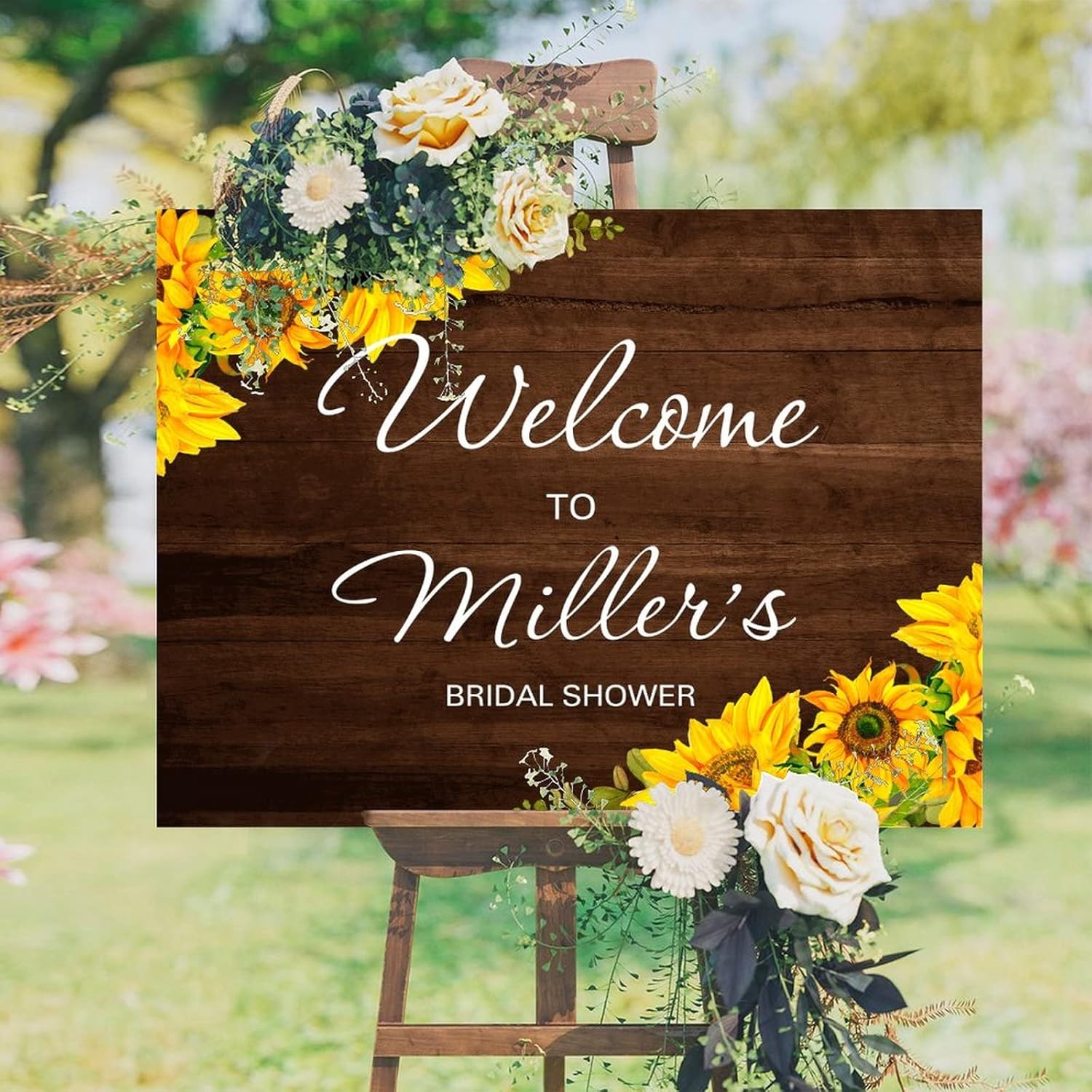 Personalized Wood Wedding Welcome Sign with Sunflowers 12x16 Inch