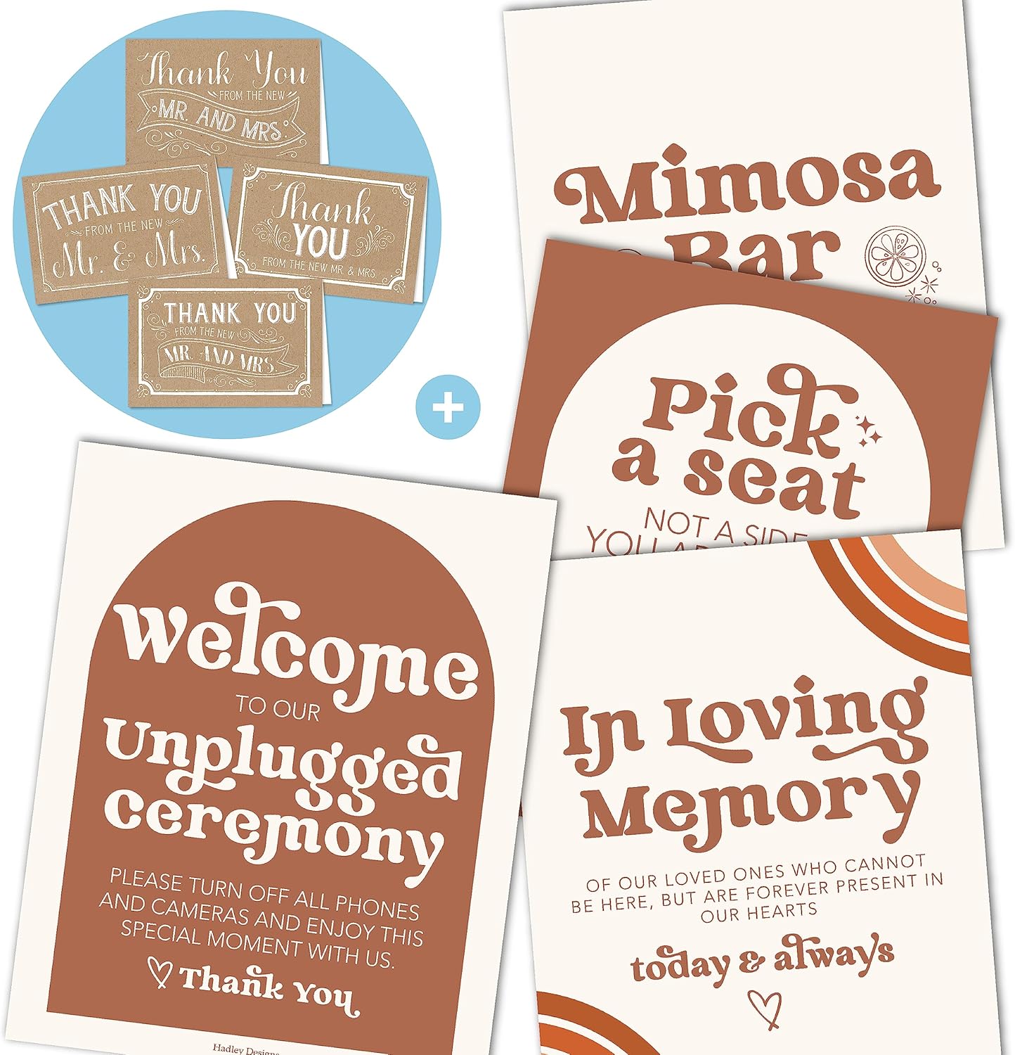 9 Retro Wedding Signs and 24 Thank You Cards Set