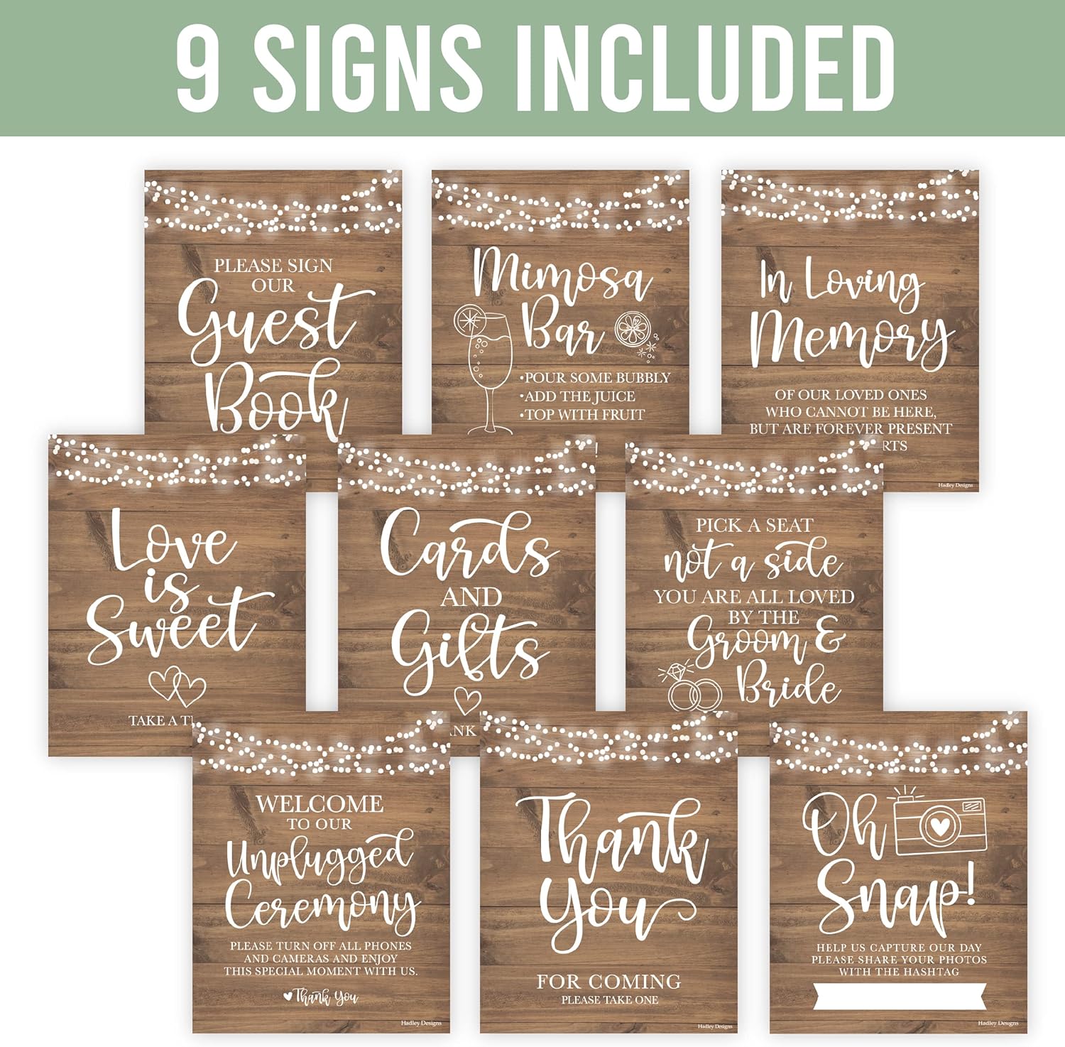 Hadley Designs 9 Rustic Wedding Signs Set
