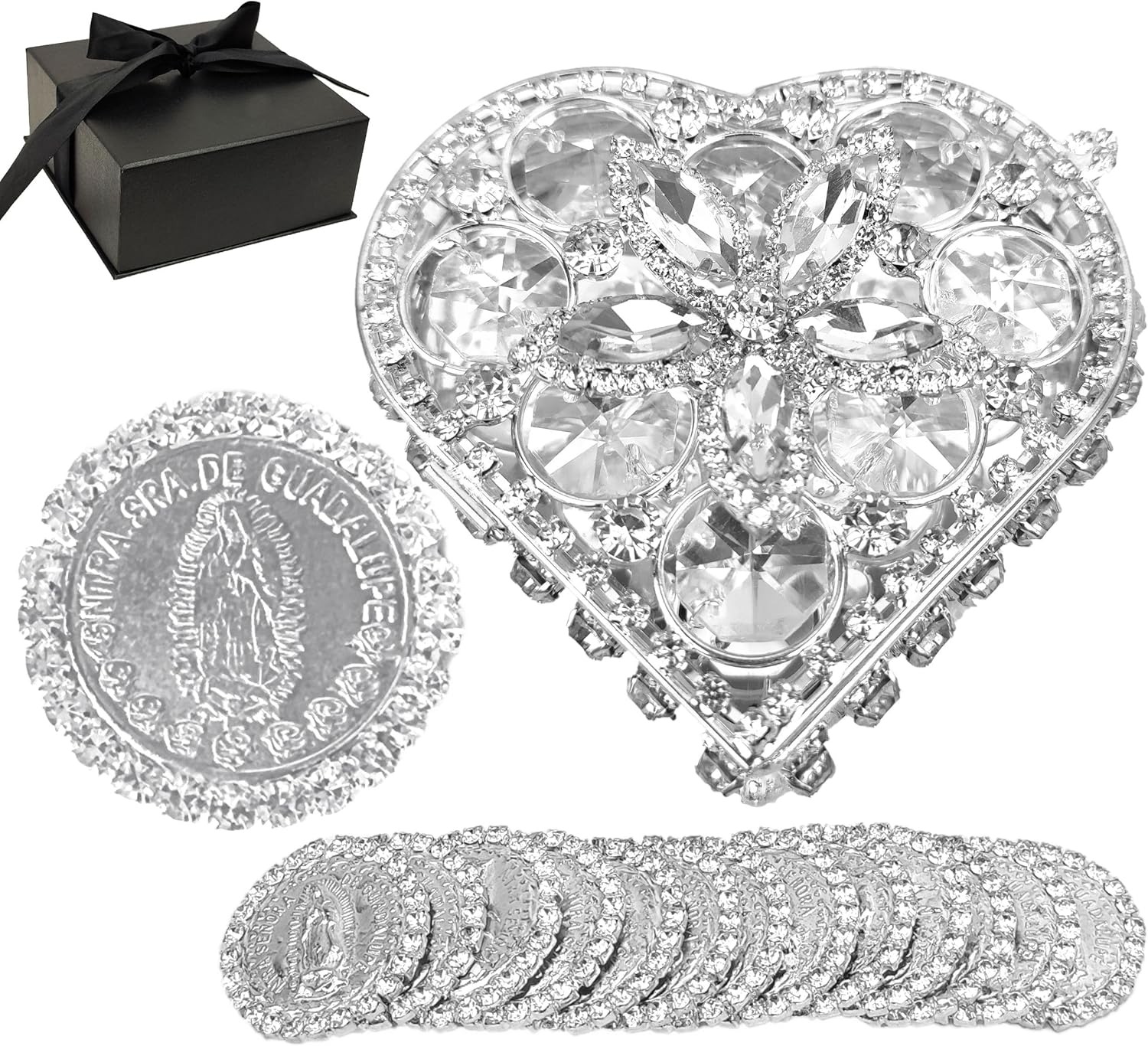 Catholic Wedding Arras Set with 13 Coins and Virgen de Guadalupe Image