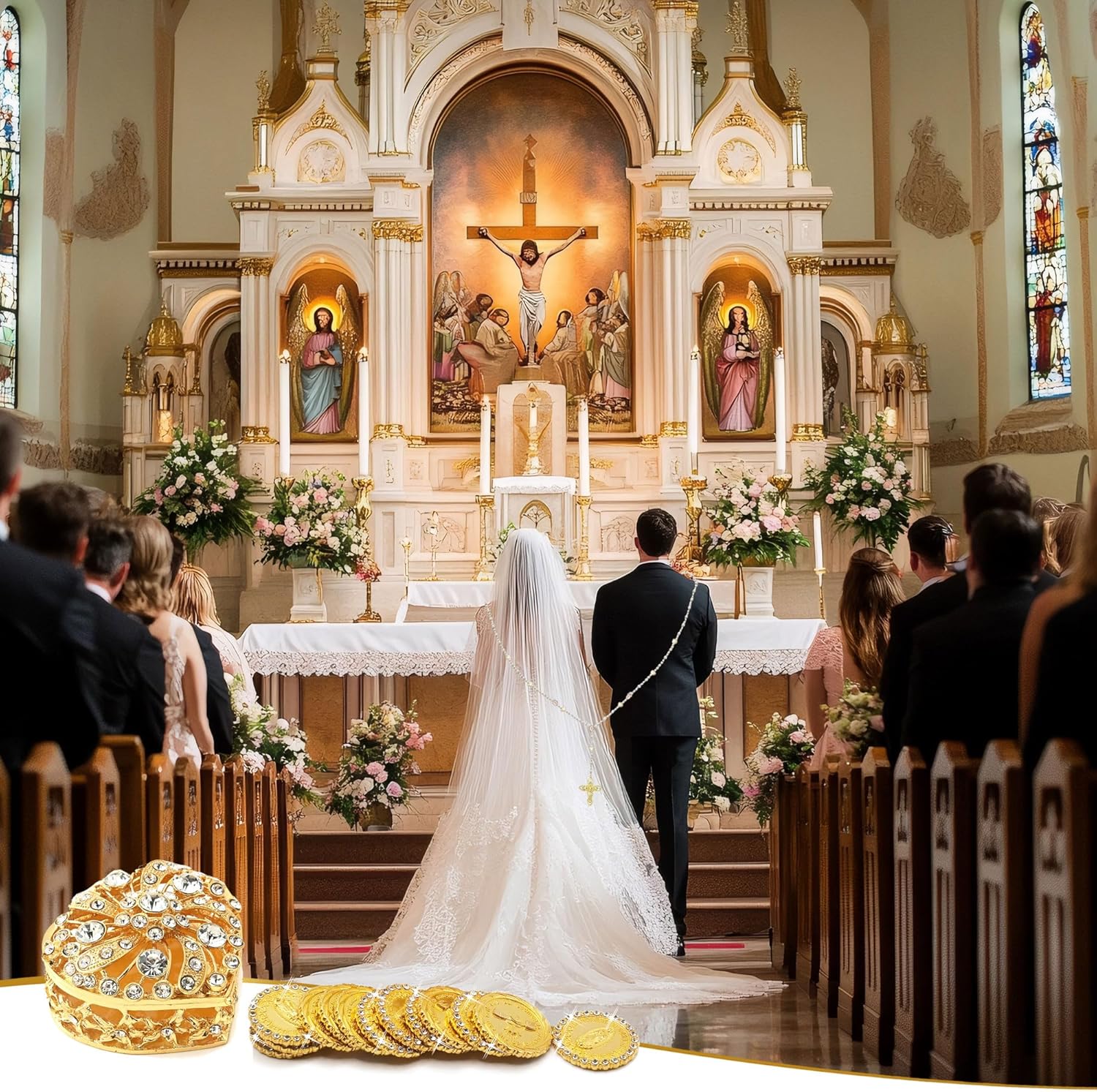 Catholic Wedding Set Arras and Lazo with Jewelry Box
