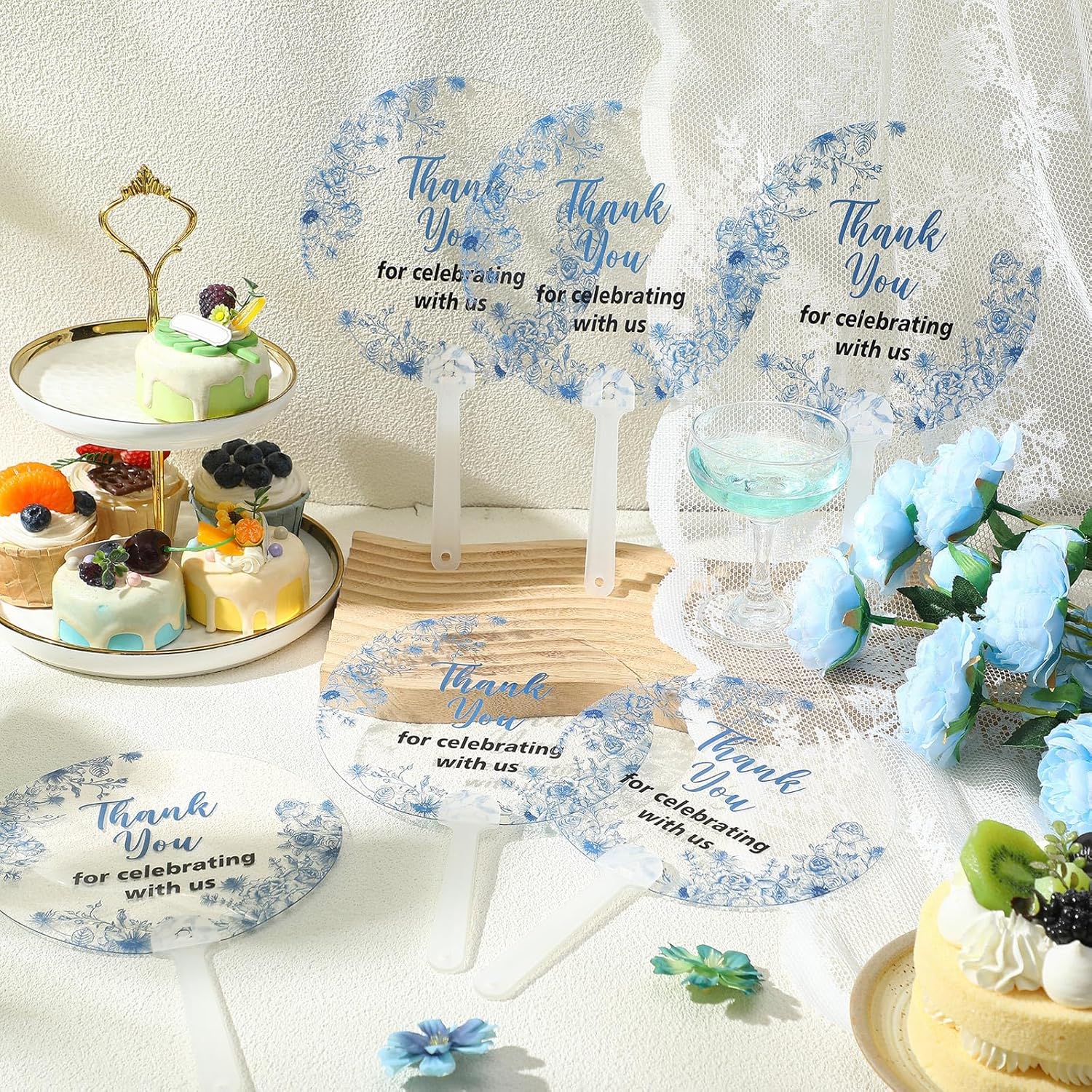 Geelin 50 Pcs Blue Flower Wedding Fans for Guests and Bridesmaids