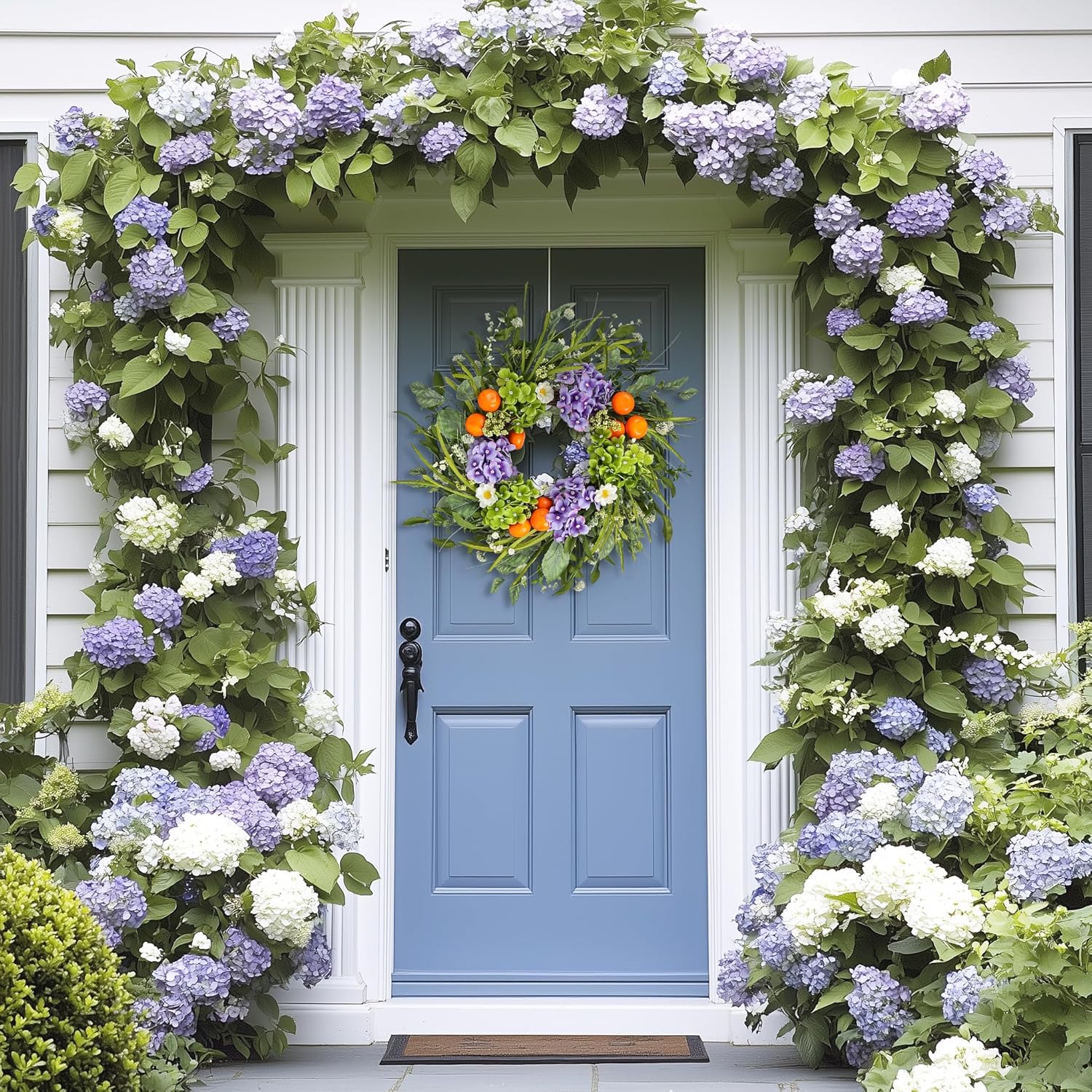 24 Inch Artificial Hydrangea Wreath with Realistic Fruit and Green Leaves