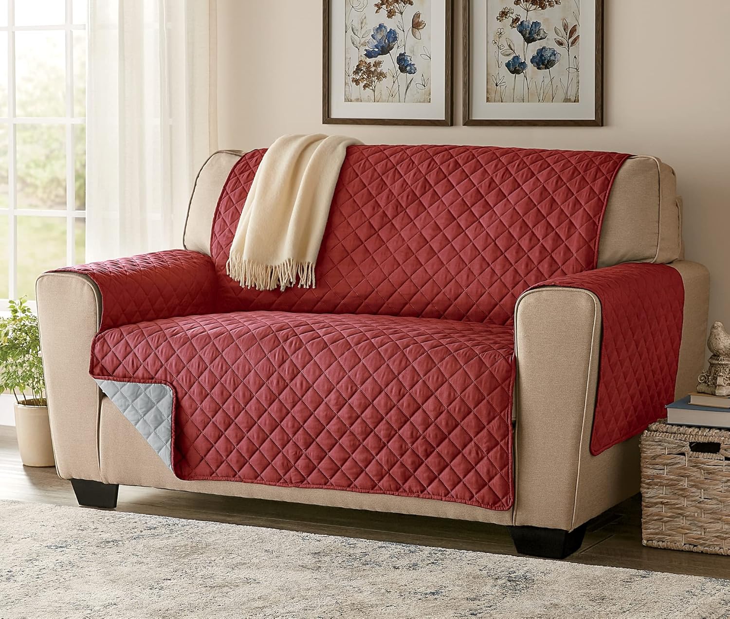 Montgomery Ward Reversible Loveseat Cover Red Gray Mist 126x83