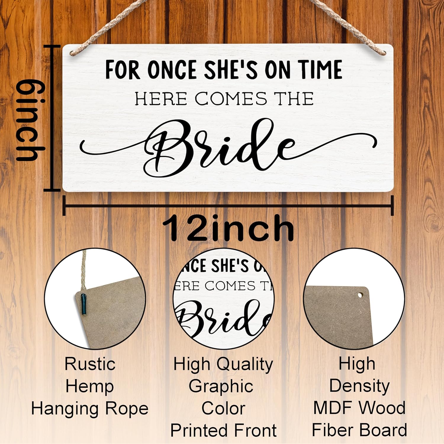 Here Comes the Bride Wood Sign for Wedding 12x6