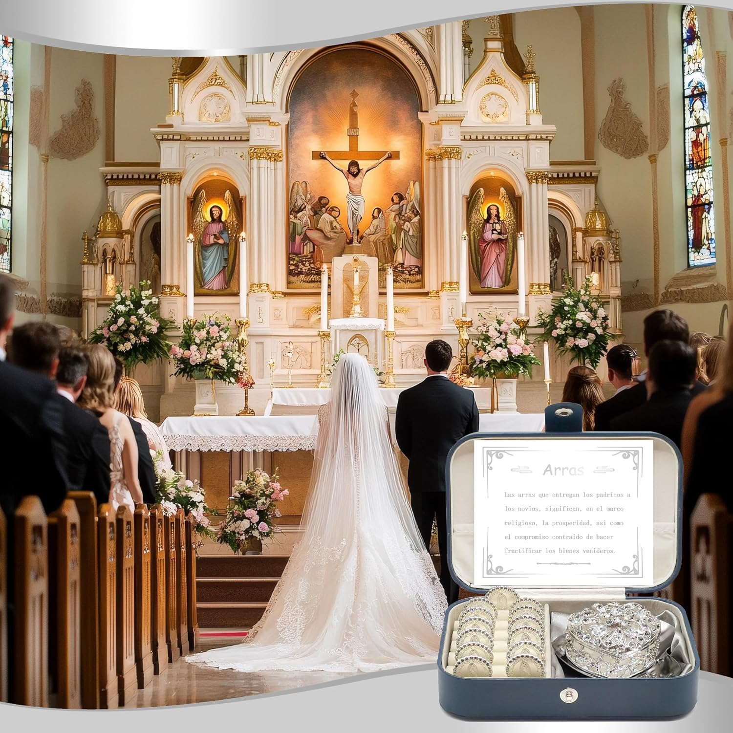 Catholic Wedding Arras Coins Set with Silver Box