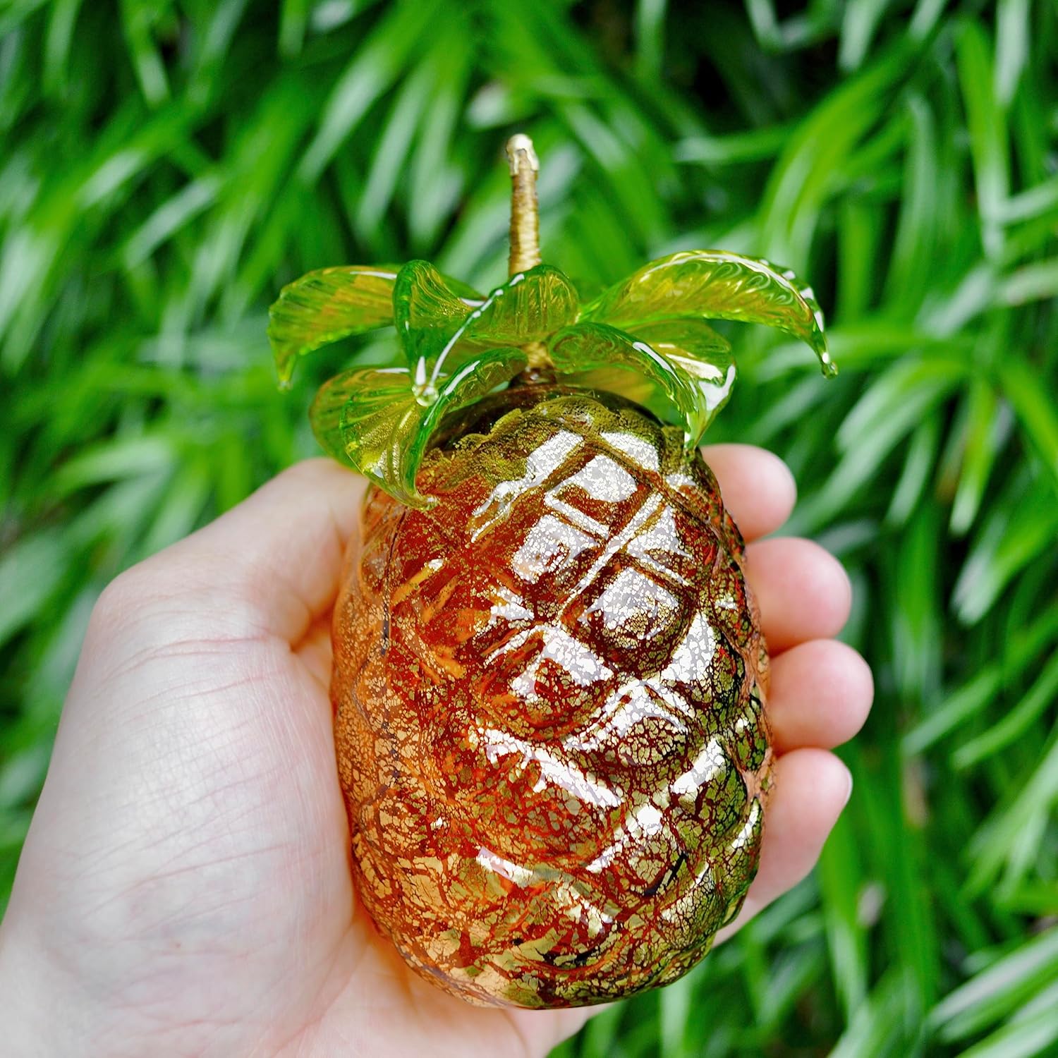 Artisan Crafted Murano Glass Pineapple Figurine Amber Green 45 Inch Tall