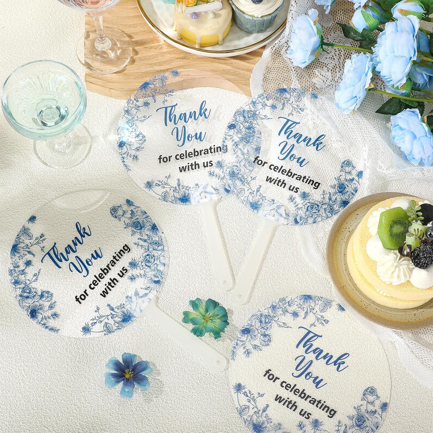 Geelin 50 Pcs Blue Flower Wedding Fans for Guests and Bridesmaids