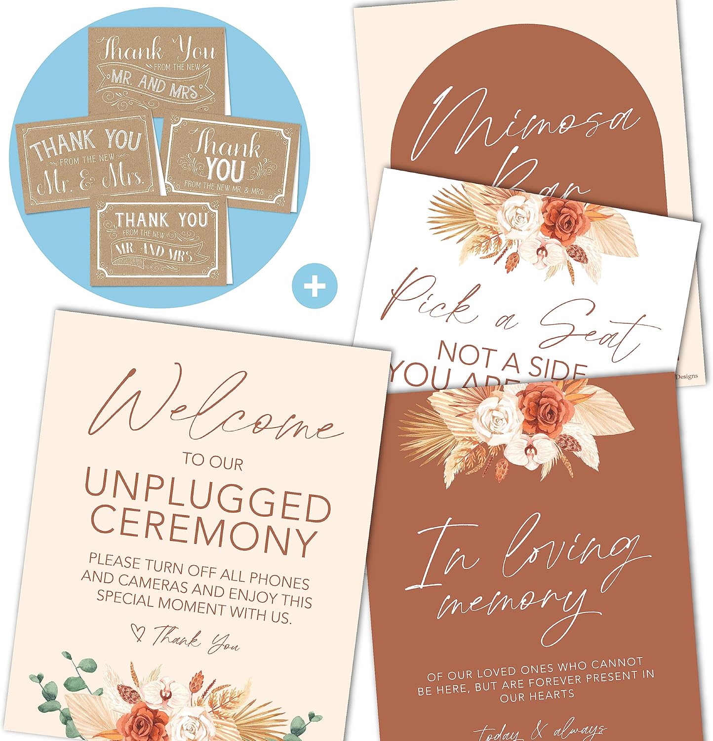 Hadley Designs Boho Wedding Signs Set 9 Pieces with 24 Thank You Cards