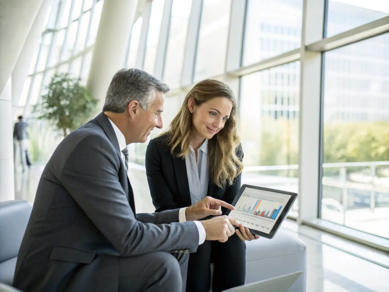 A consultant in a modern office setting, advising a client on digital transformation strategies, with charts and data visualizations in the background.