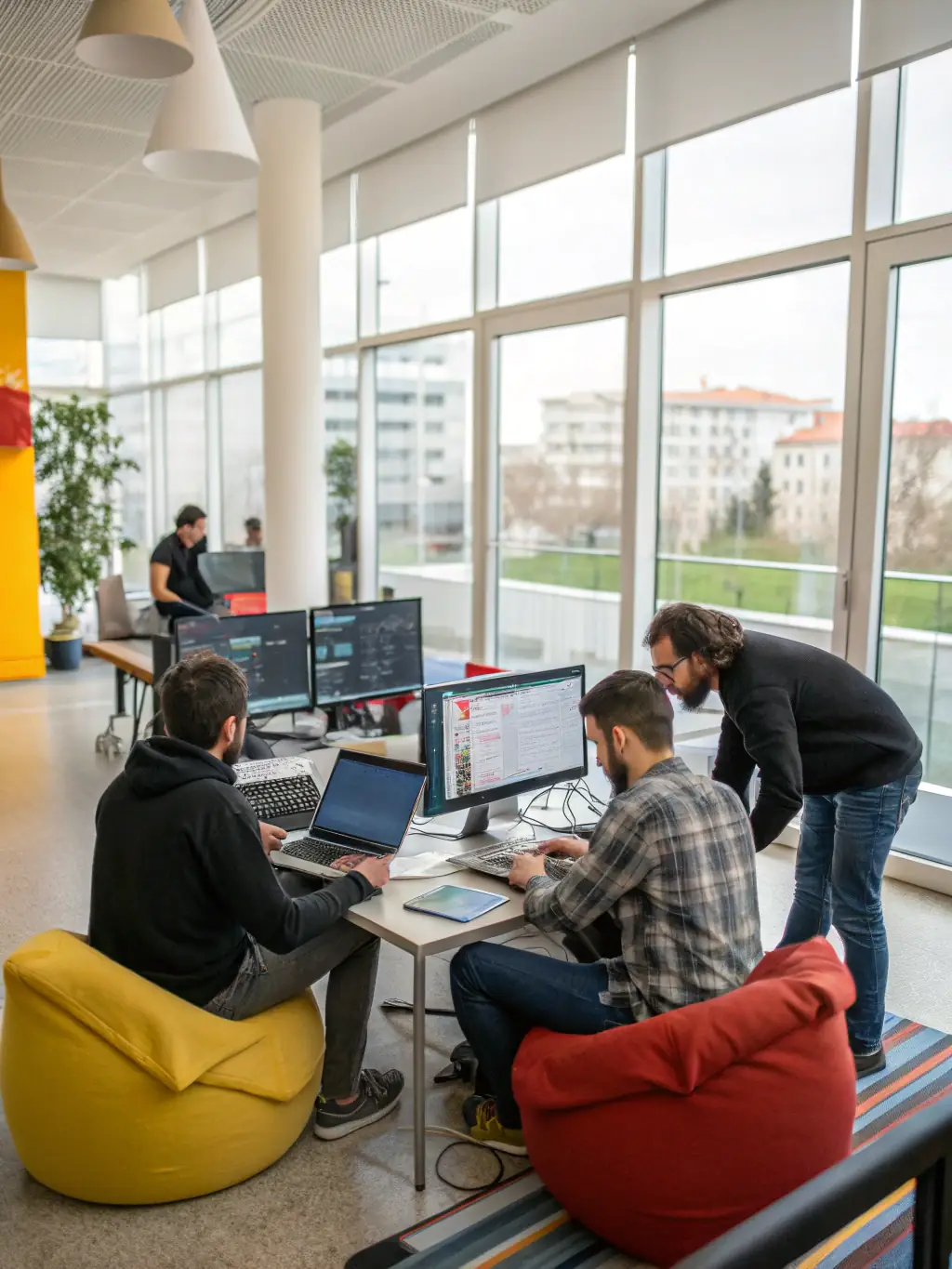 A team of technology consultants collaborating on a technology strategy development plan, using laptops and tablets to analyze data and create innovative solutions.