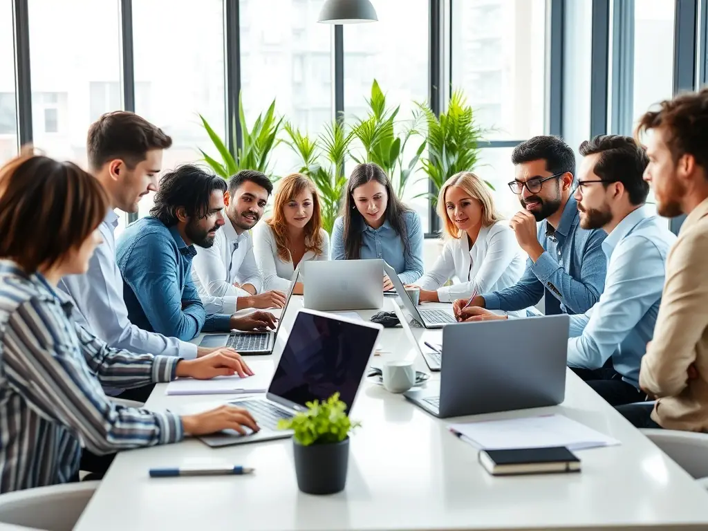 A team of technology consultants collaborating on a technology strategy development plan in a bright, modern office.