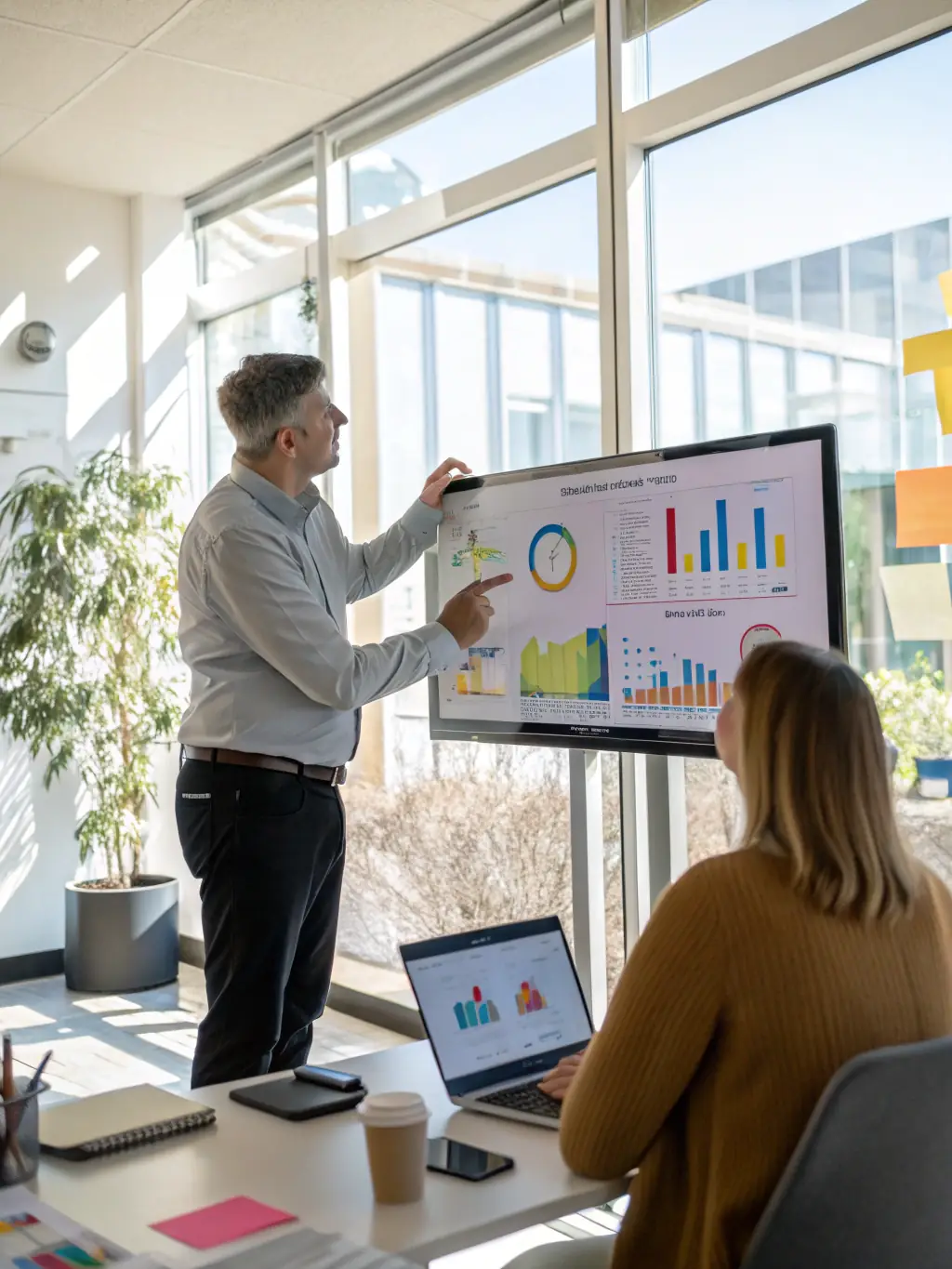 A consultant in a modern office setting, advising a client on digital transformation strategies, with charts and data visualizations displayed on a large screen in the background.