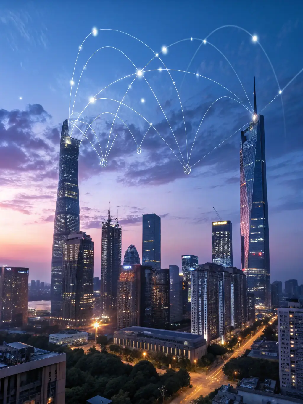 A dynamic image of a futuristic cityscape with interconnected digital networks, symbolizing digital transformation consulting.
