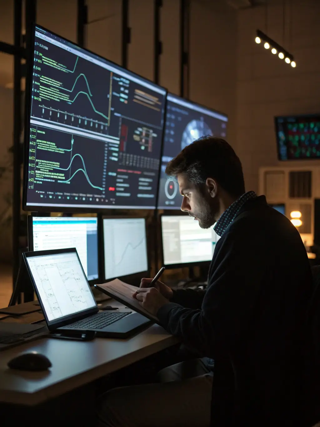 A cybersecurity expert analyzing network traffic and security logs on a computer screen, identifying potential threats and vulnerabilities to protect sensitive data.